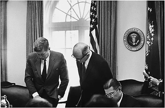 Meeting of the Executive Committe of the National Security Council- Cuba Crisis. President Kennedy, Secretary of State Dean Rusk, Secretary of Defense Robert S. McNamara. White House, Cabinet Room. Courtesy of the National Archives NAID: 194246