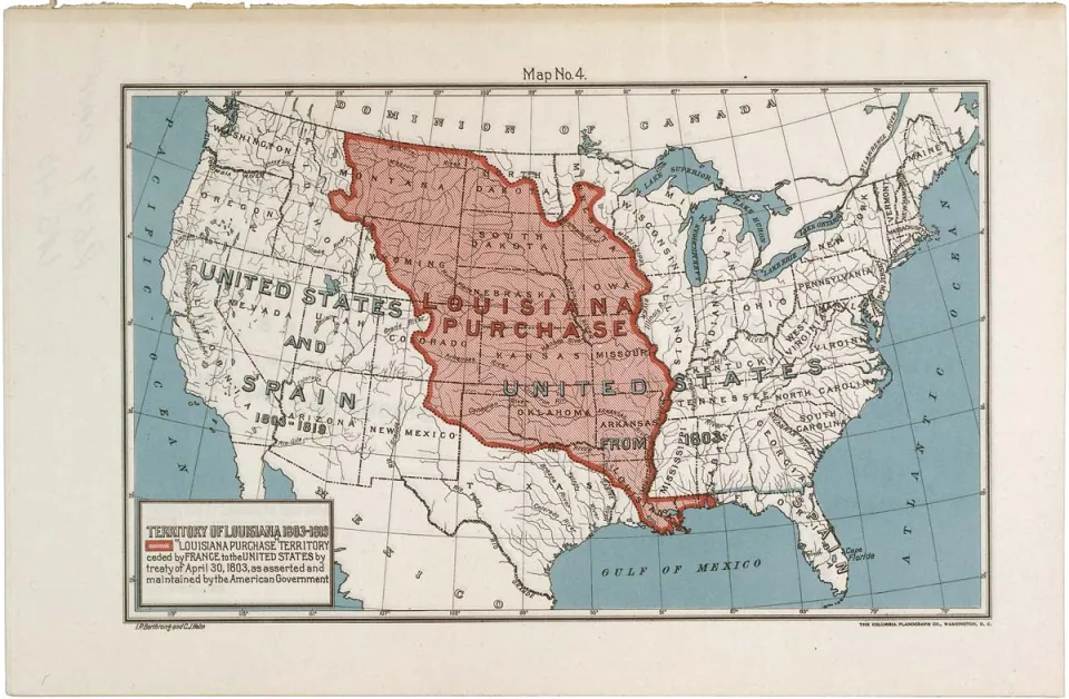 Map of the land given through the Louisiana Purchase. The map was made in 1903 for the centennial of the Louisiana Purchase.