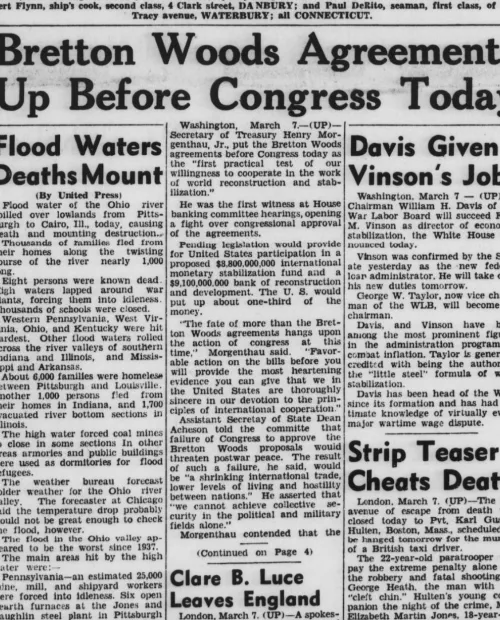 Front page announcing pending Bretton Woods legislation. The Waterbury Democrat, March 07, 1945. Library of Congress, Chronicling America