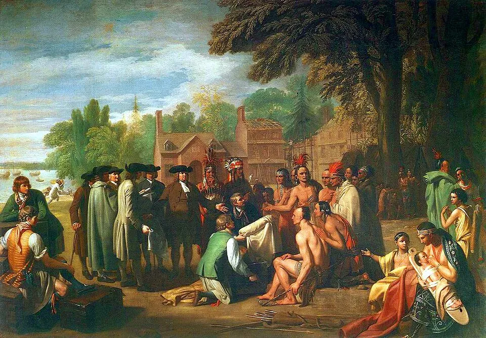 The Treaty of Penn with the Indians. William Penn's 1682 treaty with the Lenape depicted in Penn's Treaty with the Indians, a 1771 portrait by Benjamin West. State Museum of Pennsylvania