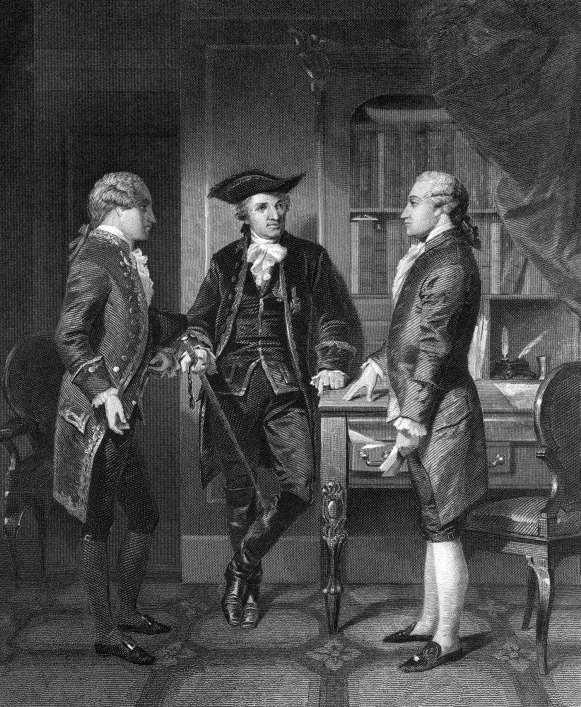 Baron de Kalb, center, introducing the Marquis de Lafayette to Silas Deane.