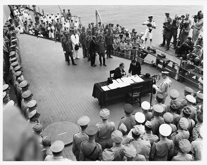Signing the Instrument of Surrender, September 2, 1945. (National Archives Identifier 23658002)